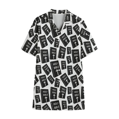 Black And White Holy Bible Pattern Print Cotton Hawaiian Shirt