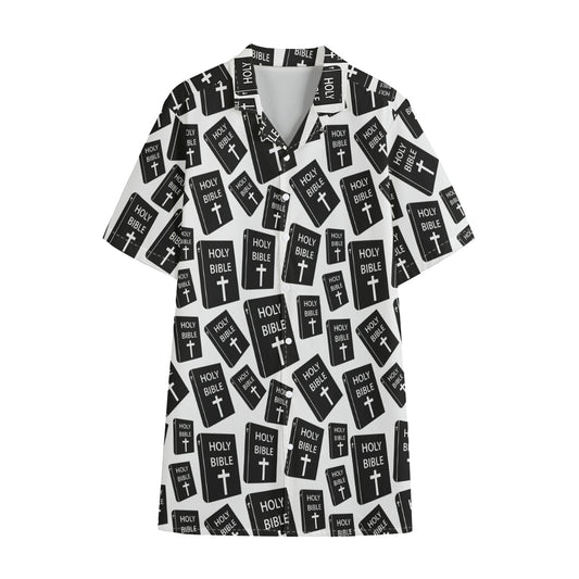 Black And White Holy Bible Pattern Print Cotton Hawaiian Shirt