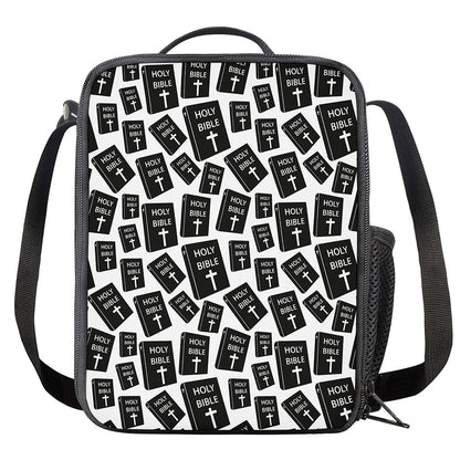 Black And White Holy Bible Pattern Print Crossbody Lunch Bag