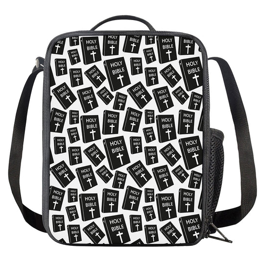 Black And White Holy Bible Pattern Print Crossbody Lunch Bag