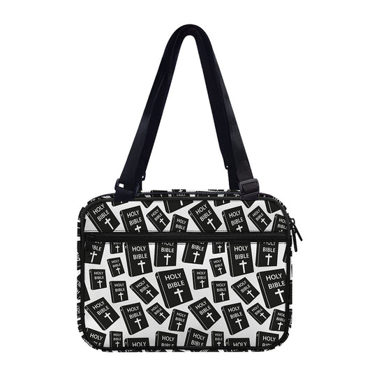 Black And White Holy Bible Pattern Print Double Strap Bible Bag