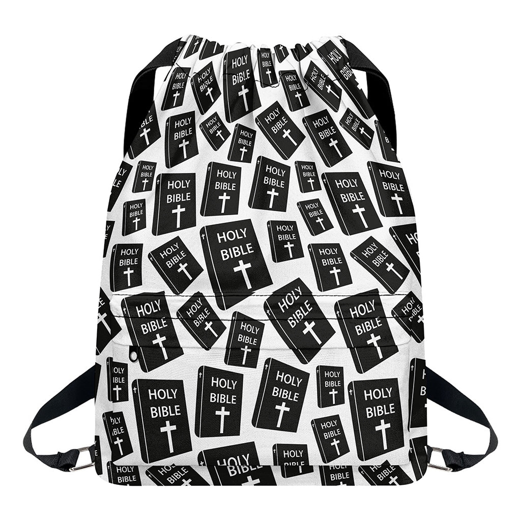 Black And White Holy Bible Pattern Print Drawstring Backpack