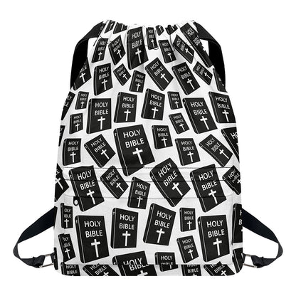 Black And White Holy Bible Pattern Print Drawstring Backpack