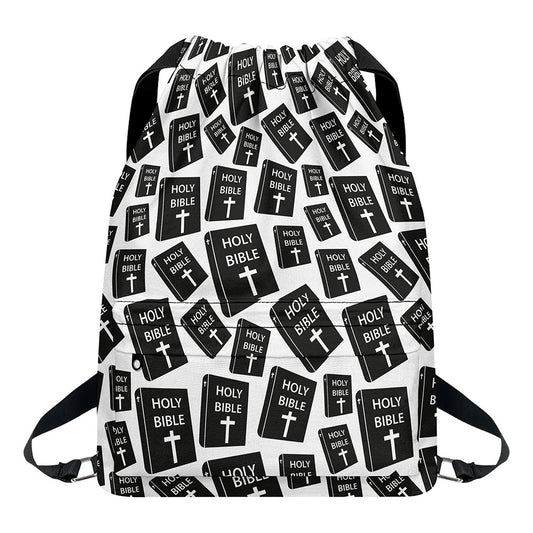 Black And White Holy Bible Pattern Print Drawstring Backpack