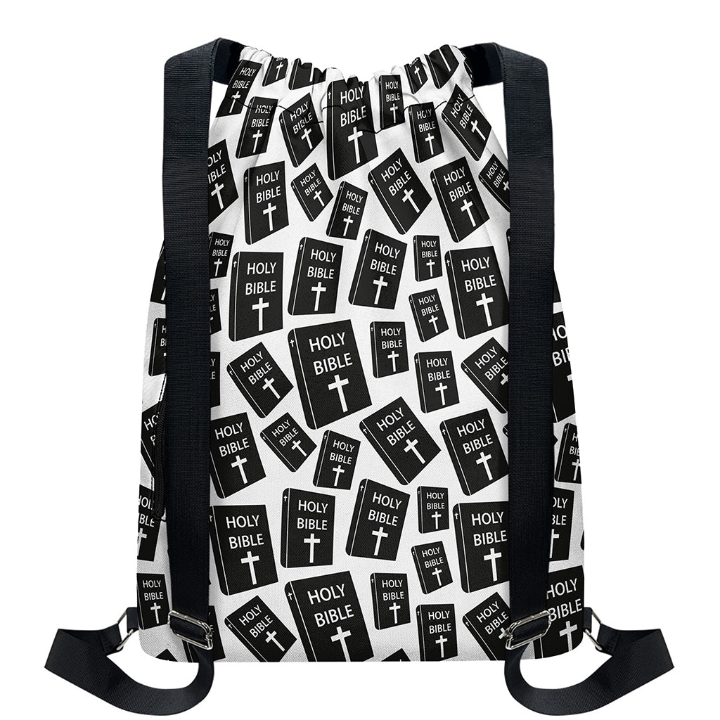 Black And White Holy Bible Pattern Print Drawstring Backpack