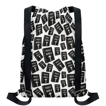 Black And White Holy Bible Pattern Print Drawstring Backpack