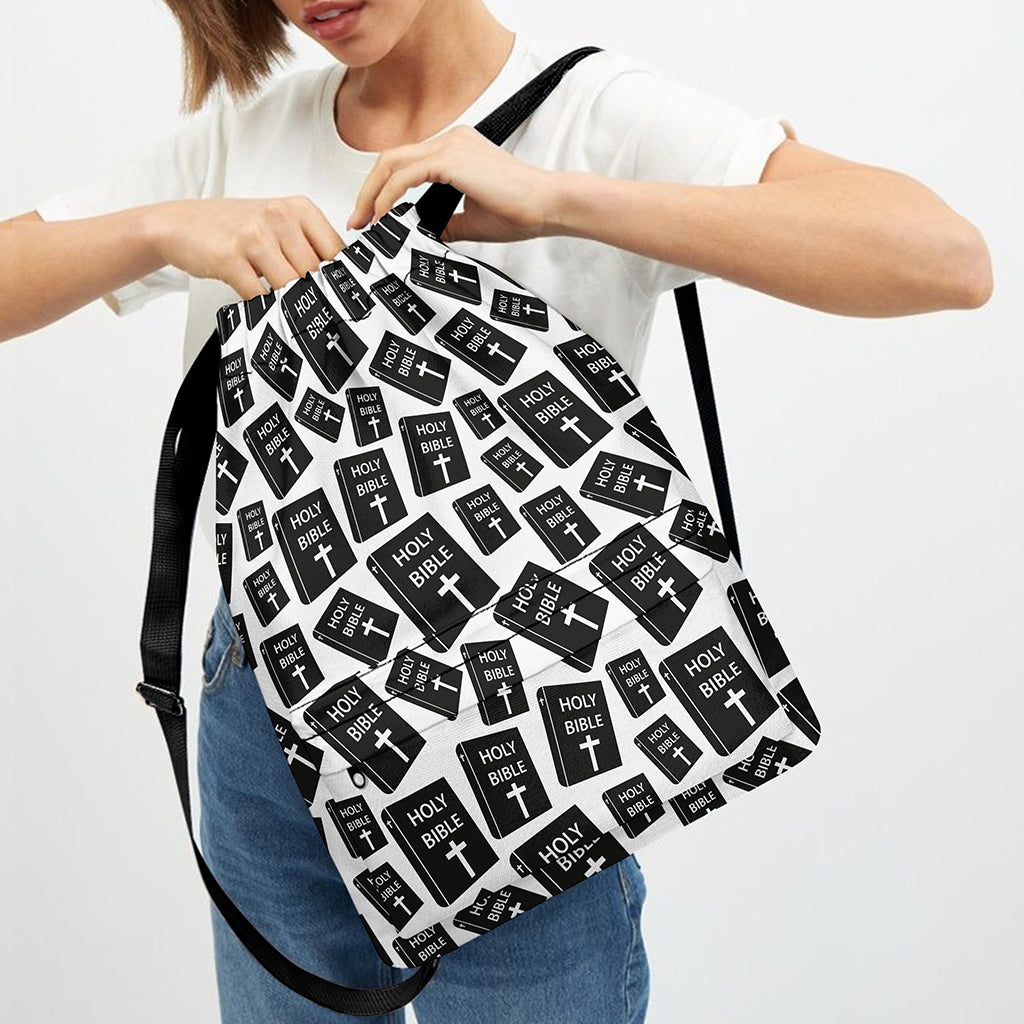 Black And White Holy Bible Pattern Print Drawstring Backpack