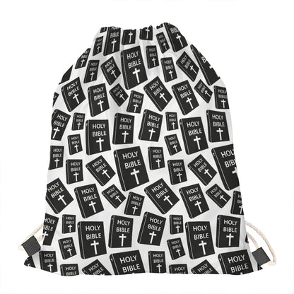 Black And White Holy Bible Pattern Print Drawstring Bag