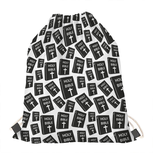 Black And White Holy Bible Pattern Print Drawstring Bag