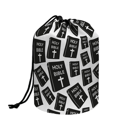 Black And White Holy Bible Pattern Print Drawstring Makeup Bag