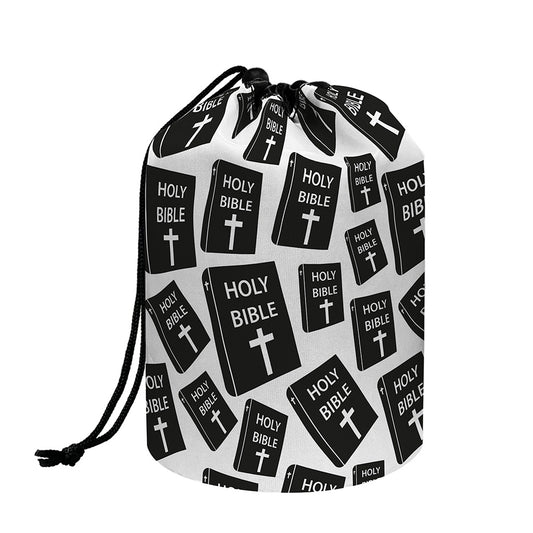 Black And White Holy Bible Pattern Print Drawstring Makeup Bag