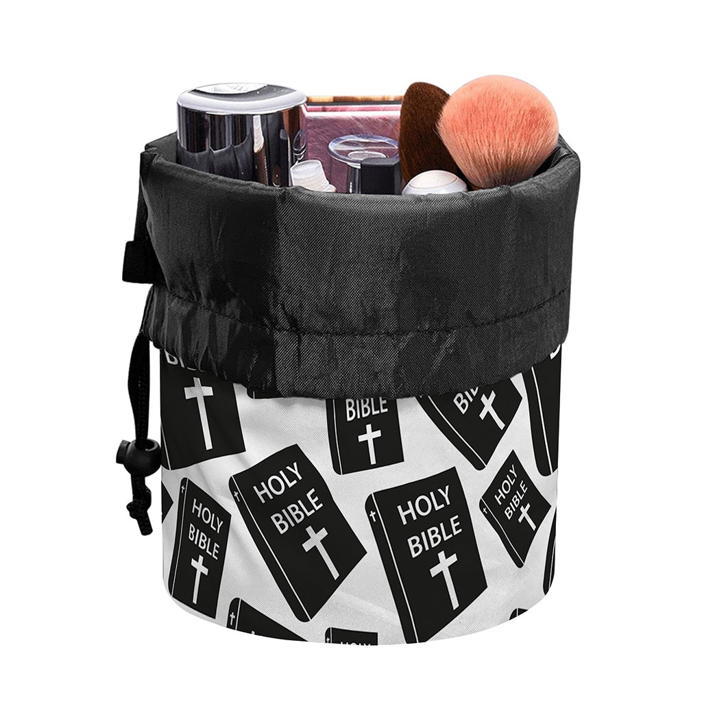 Black And White Holy Bible Pattern Print Drawstring Makeup Bag