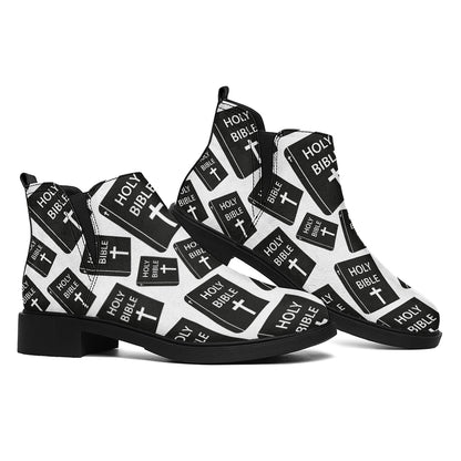 Black And White Holy Bible Pattern Print Flat Ankle Boots
