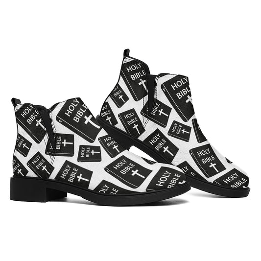 Black And White Holy Bible Pattern Print Flat Ankle Boots