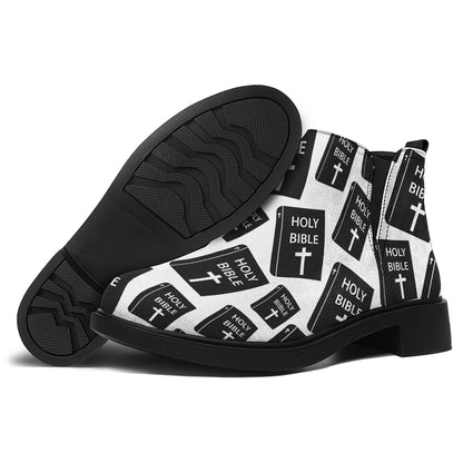 Black And White Holy Bible Pattern Print Flat Ankle Boots