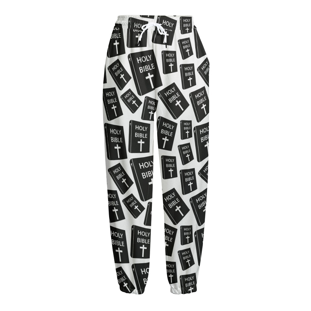 Black And White Holy Bible Pattern Print Fleece Lined Knit Pants