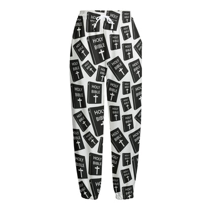 Black And White Holy Bible Pattern Print Fleece Lined Knit Pants