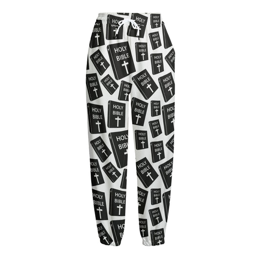 Black And White Holy Bible Pattern Print Fleece Lined Knit Pants