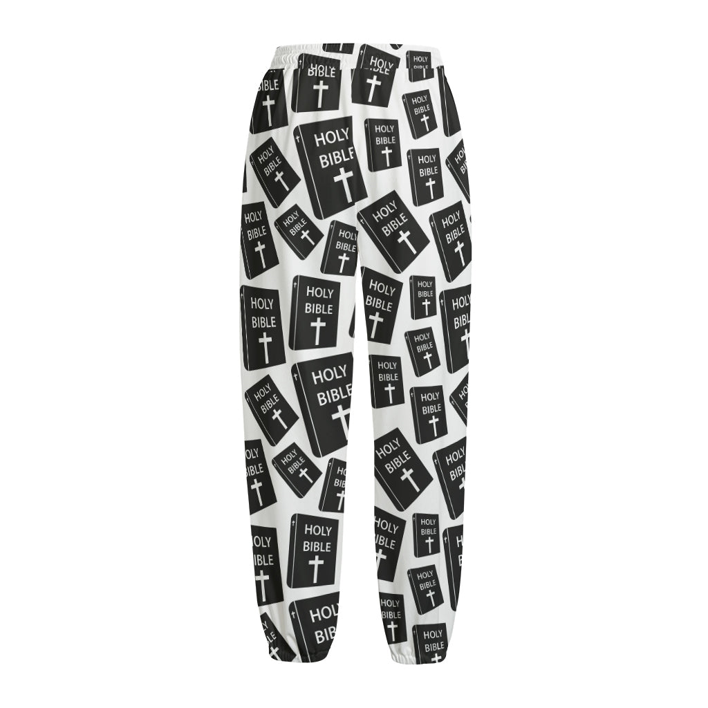 Black And White Holy Bible Pattern Print Fleece Lined Knit Pants