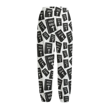 Black And White Holy Bible Pattern Print Fleece Lined Knit Pants