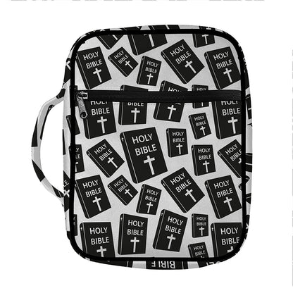 Black And White Holy Bible Pattern Print Front Pocket Bible Bag