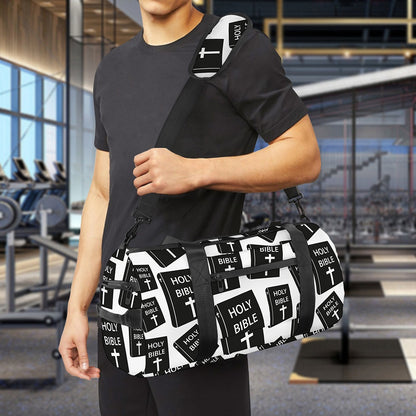 Black And White Holy Bible Pattern Print Gym Bag