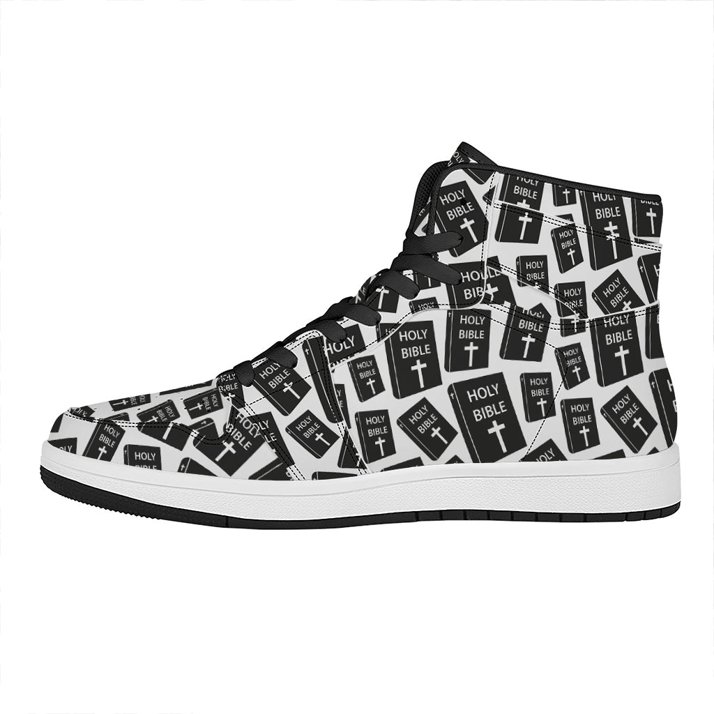 Black And White Holy Bible Pattern Print High Top Leather Sneakers