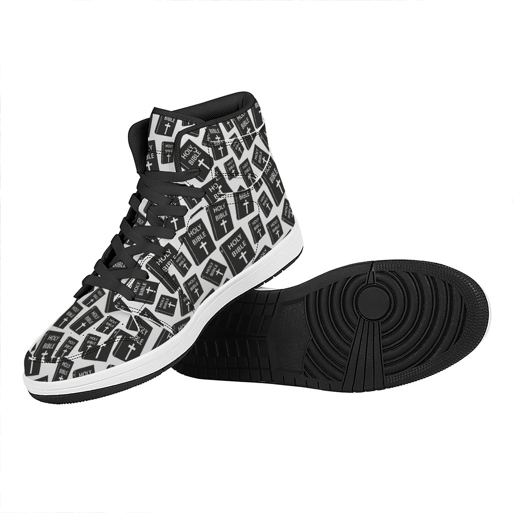 Black And White Holy Bible Pattern Print High Top Leather Sneakers