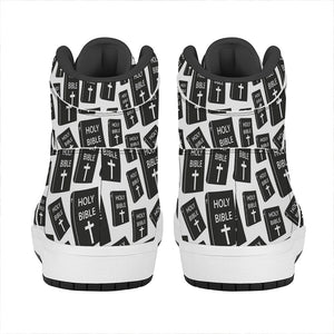 Black And White Holy Bible Pattern Print High Top Leather Sneakers