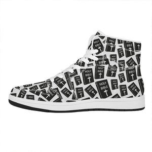 Black And White Holy Bible Pattern Print High Top Leather Sneakers