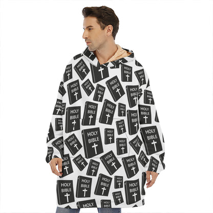 Black And White Holy Bible Pattern Print Hoodie Blanket