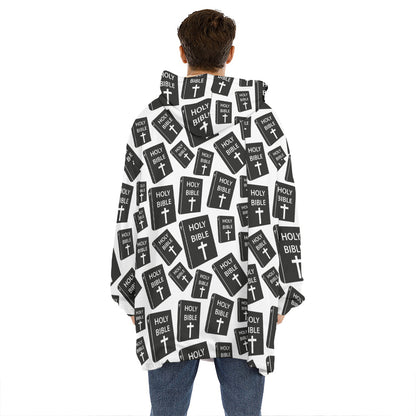 Black And White Holy Bible Pattern Print Hoodie Blanket