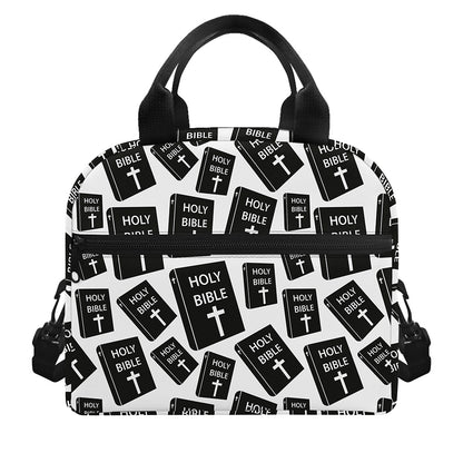 Black And White Holy Bible Pattern Print Insulated Lunch Bag