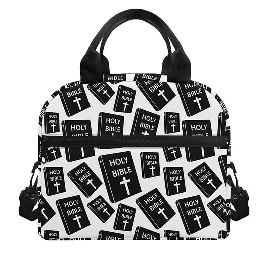 Black And White Holy Bible Pattern Print Insulated Lunch Bag