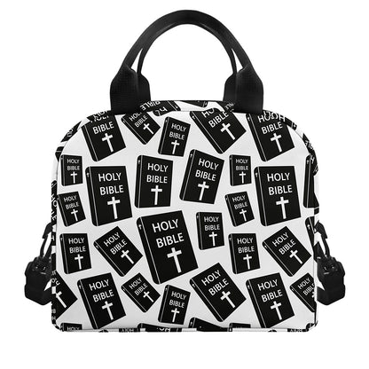 Black And White Holy Bible Pattern Print Insulated Lunch Bag