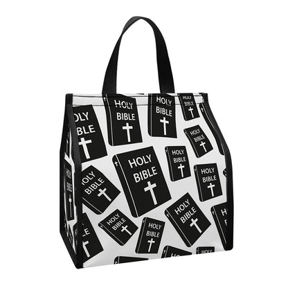 Black And White Holy Bible Pattern Print Insulated Lunch Tote