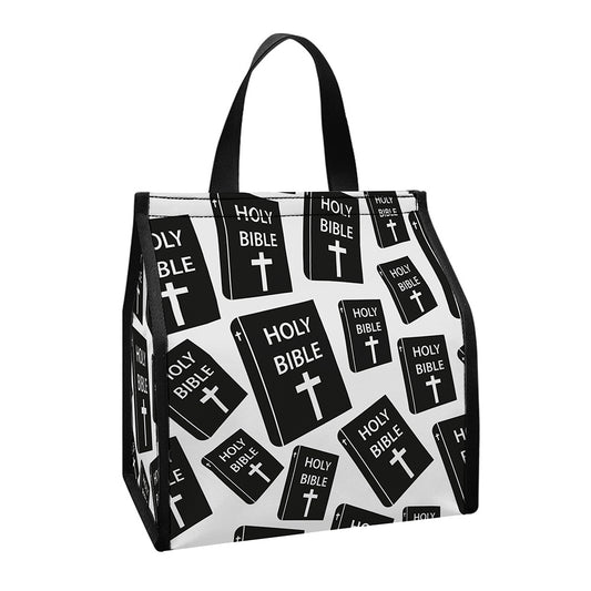 Black And White Holy Bible Pattern Print Insulated Lunch Tote