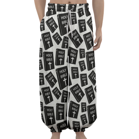 Black And White Holy Bible Pattern Print Lantern Pants