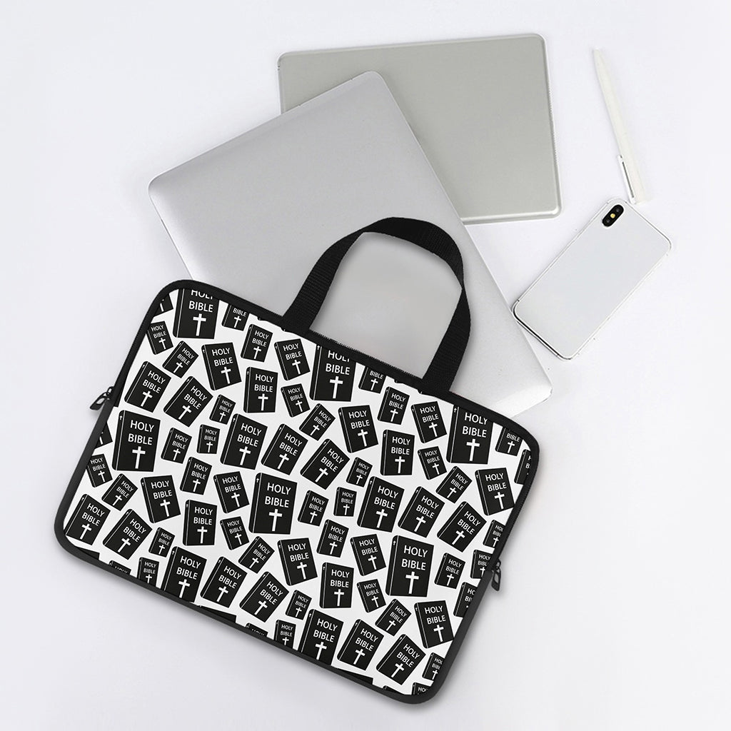 Black And White Holy Bible Pattern Print Laptop Sleeve With Handle