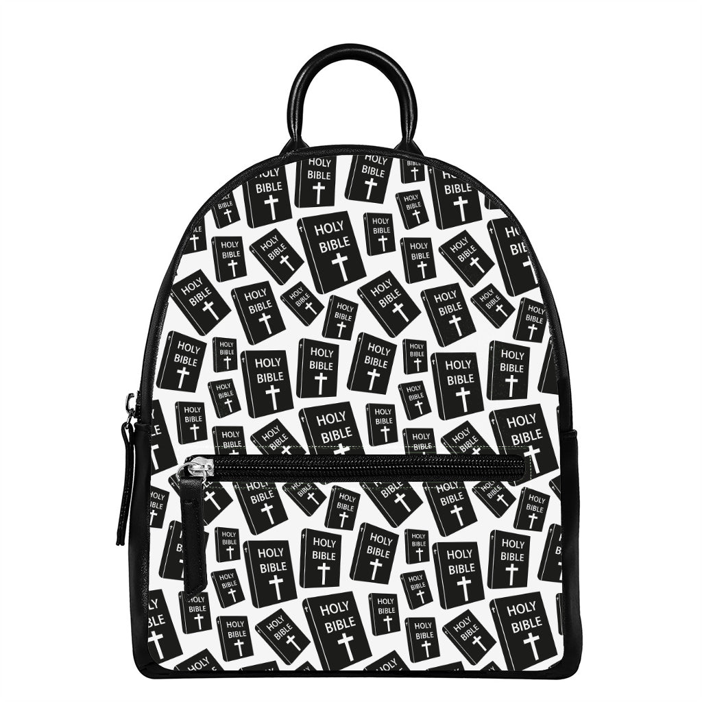 Black And White Holy Bible Pattern Print Leather Backpack