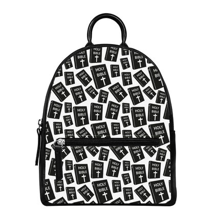 Black And White Holy Bible Pattern Print Leather Backpack