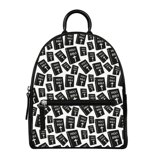 Black And White Holy Bible Pattern Print Leather Backpack