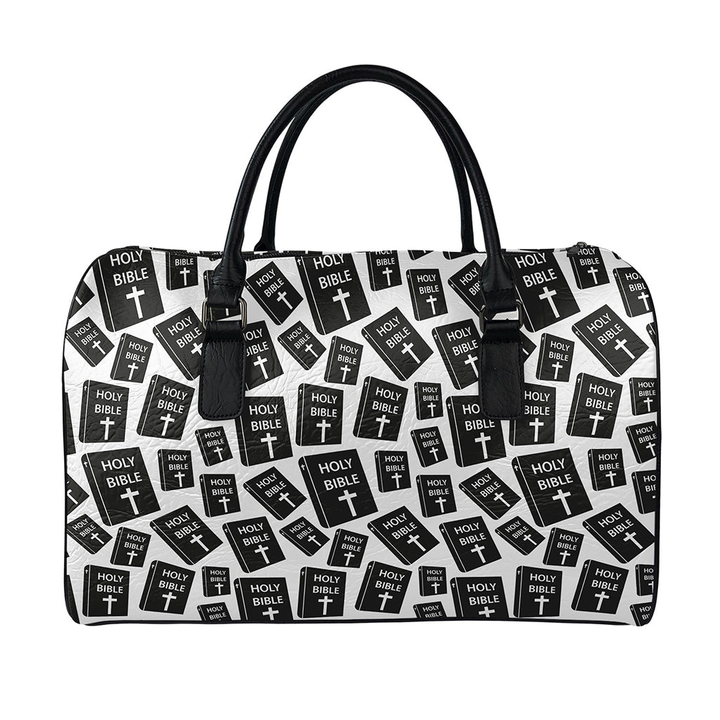 Black And White Holy Bible Pattern Print Leather Duffle Bag