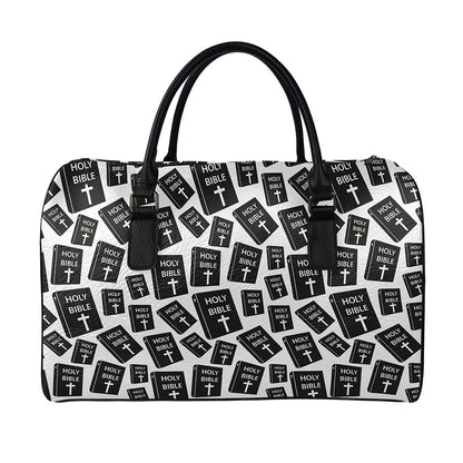 Black And White Holy Bible Pattern Print Leather Duffle Bag
