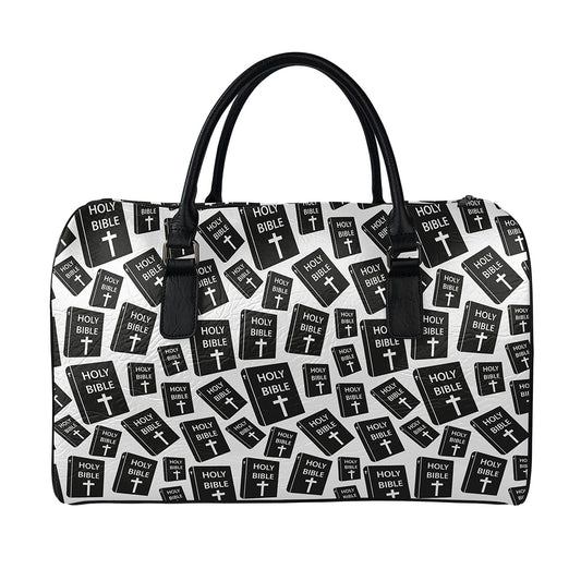 Black And White Holy Bible Pattern Print Leather Duffle Bag