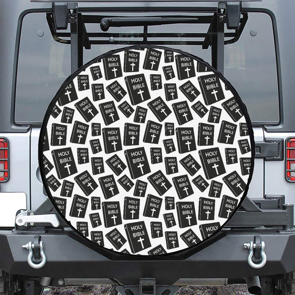 Black And White Holy Bible Pattern Print Leather Spare Tire Cover