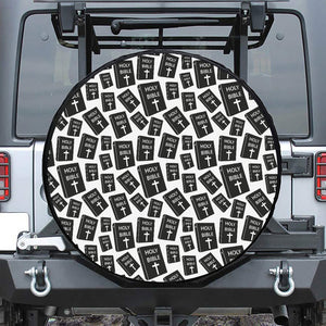 Black And White Holy Bible Pattern Print Leather Spare Tire Cover