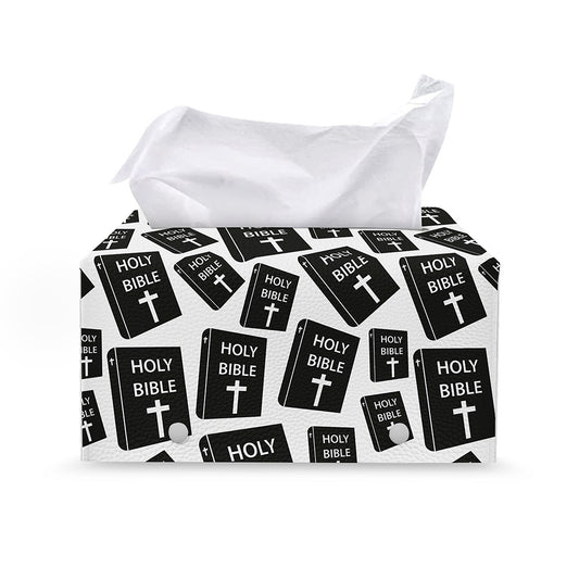 Black And White Holy Bible Pattern Print Leather Tissue Box Cover