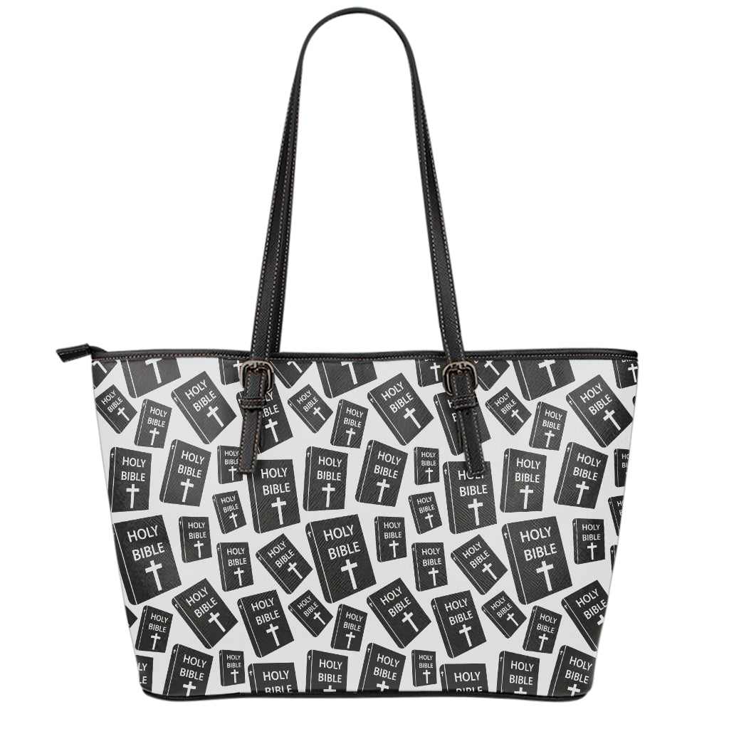 Black And White Holy Bible Pattern Print Leather Tote Bag