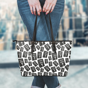 Black And White Holy Bible Pattern Print Leather Tote Bag